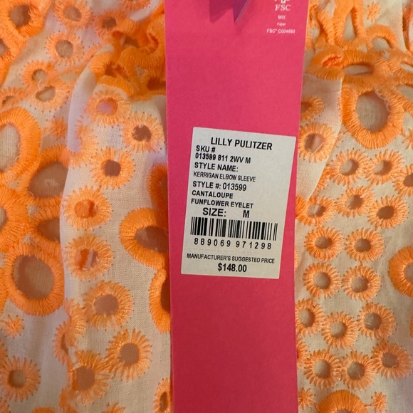 Lilly Pulitzer Kerrigan Elbow Sleeve Top Cantaloupe Funflower Eyelet - Picture 5 of 8